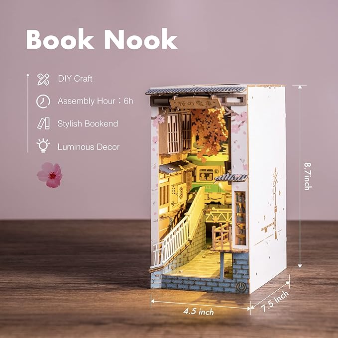 Rolife DIY Book Nook Kit 3D Wooden Puzzle for Adults 8.7" Bookshelf Indert Decor with LED Miniature Dollhouse Kit Bookend Crafts Diorama Hobbies Gifts for Boys Girls (Sakura Densya)