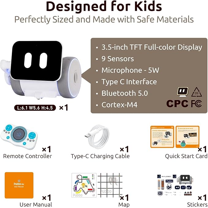 WhalesBot Pubbo Air Play & Education Robot for Kids, Voice & Touch & APP Control, STEM & Coding Robot with Multiple Sensors, Modular/Scratch Programming, Best Educational Gift for Boys & Girls Ages 6+
