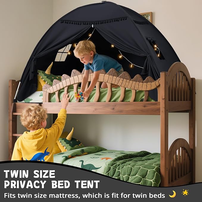 Sumbababy Twin Size Bed Canopy: Lights & Flags Indoor Floor Bed Kids Tent Playhouse - Portable & Foldable Twin Bunk Curtains - Girls & Boys Bedroom Privacy Space Blackout Tents Slumber Gifts (Black)