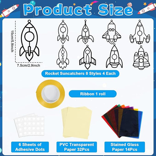 32 Sets Outer Space Rocket Suncatchers Craft Kit DIY Window Stained Glass Effect Space Theme Paper Crafts for Home School Classroom Decoration Kid Birthday Gifts Creative Art Projects Activity Game