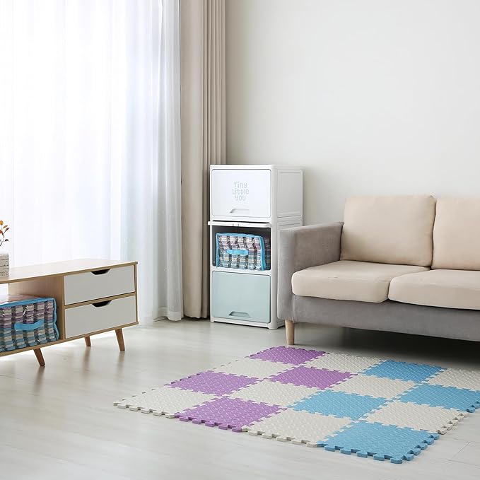 Play Mat for Babies 0-6 Months, Solid Colored Foam Floor Mat, Eva Non-Toxic Foam Puzzle Floor Mats, 0.4" Thick Square Kids Playmat丨47x47 Play Mat for Playpen (White/Purple/Light Blue)