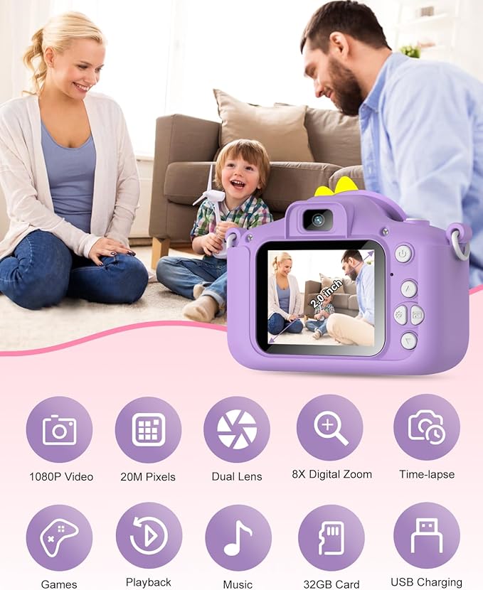 Hangrui Dinosaur Kids Camera Toys, Birthday Graduation Gifts for Girls Boys 3-12, 1080P HD Selfie Digital Video Camera for Toddlers,Travel Gifts Dino Toys for 4 5 6 7 8 9 Years Old(Purple)