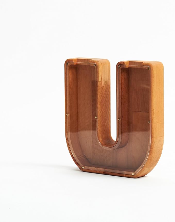 Personalized Wooden Piggy Bank – Custom Letter U Coin Bank in Beech Wood with Clear Acrylic Front, Engraved Name Option, Money Saving Box for Kids and Adults