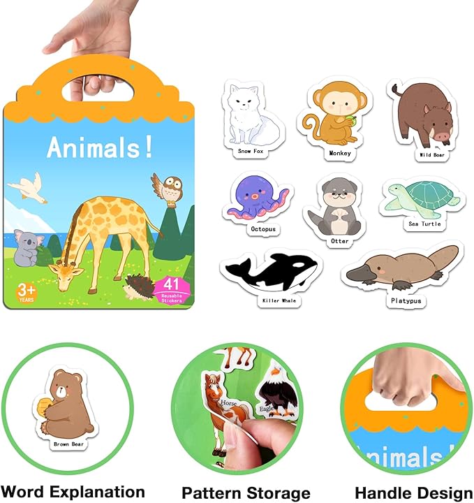 Newest Animals Sticker Book for Kids 2-4,Reusable Jelly Stciekr Activity Book for Kids,Birthday Party Gift Removable &Washable Christmas Gift
