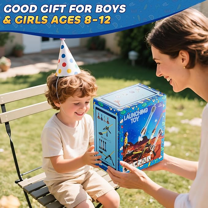 Rockets for Kids Age 4-8 with 4 LED Rockets and Launcher - Outdoor Toys for 4 5 6 7 8-12 Year Old Boy Birthday Gift, Air Powered Flying Toy Shooting Up to 100 Feet, Toys for Kids Ages 8-12