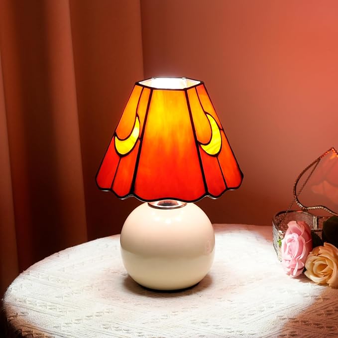 Mushroom Lamp Tiffany Stained Glass Moon lamp Cute Small Bedside Table Lamps for Living Room Home Decor,Girls Women Birthday Christmas Thanksgiving Day Gift,Red