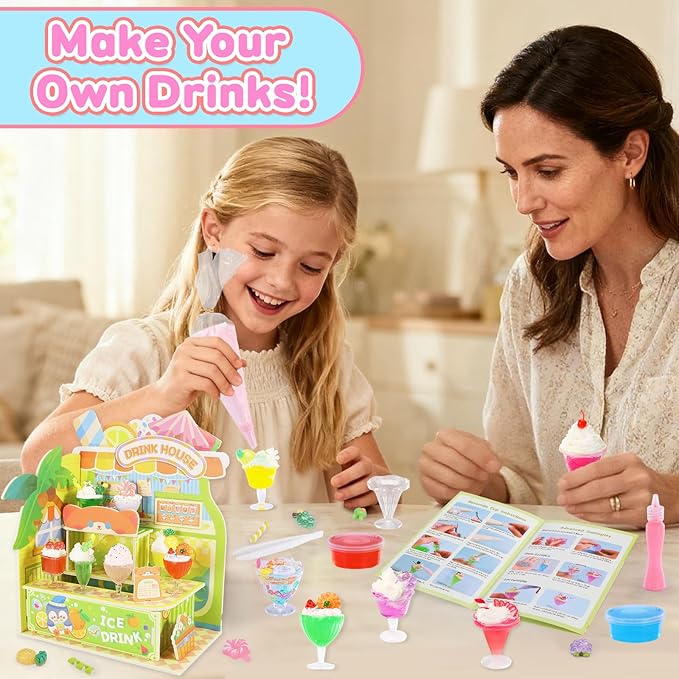 DIY Mini Drink Shop Toy, Making 24 Miniature Juice Drinks Cream Material Kit, NOT Edible, Collectible, Kitchen Pretend Play Food Toys Set, Make Your Foods, Gift for Kids Age 8+