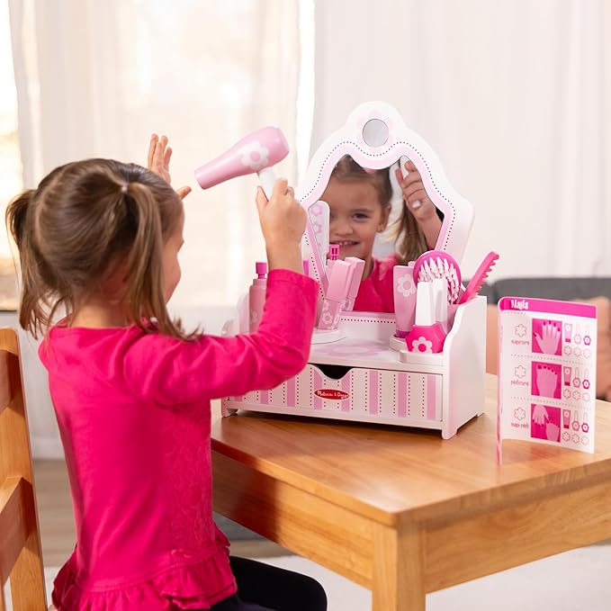 Melissa & Doug Wooden Beauty Salon Play Set, 18-Piece Vanity with Pretend Play Toys, Makeup, Mirror, Accessories & More, Preschool Toys for Girls & Boys Ages 3+ - FSC Certified
