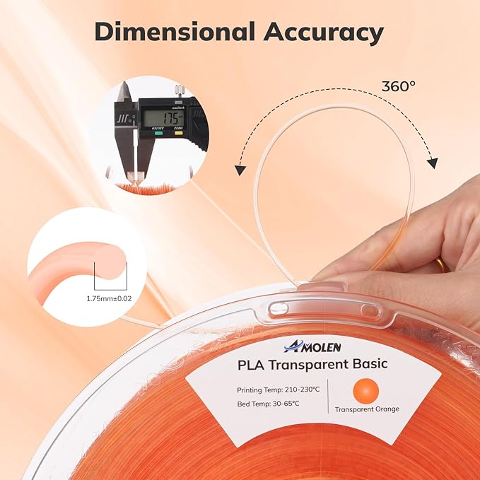 AMOLEN 3D Printer Filament Crystal PLA Transparent 1.75mm, Crystal Orange Clear Printing, Low Warping & No-Bubbles, Dimensional Accuracy +/- 0.02 mm, Fits Most FDM 3D Printers, 1kg Spool(2.2lbs)