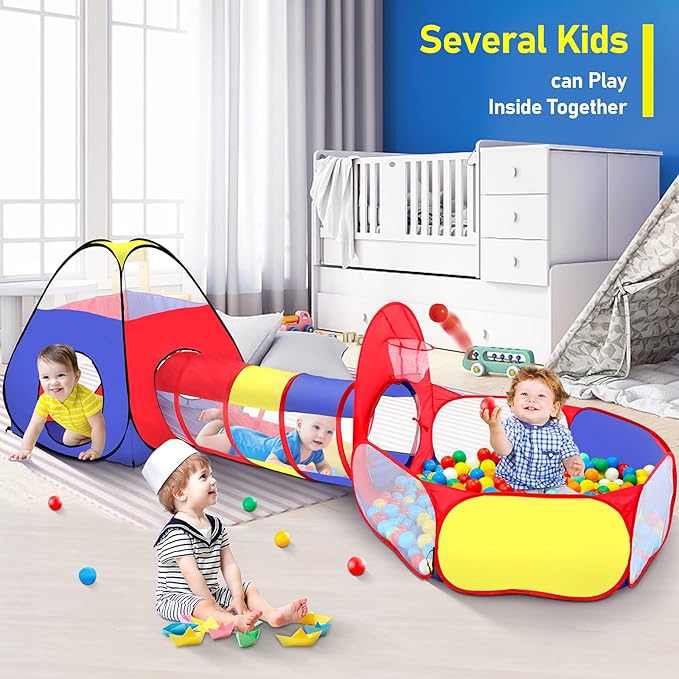 PigPigPen 3 in 1 Kids Play Tent with Play Tunnel, Ball Pit, Basketball Hoop for Boys & Girls, Toddler Pop Up Playhouse Toy for Baby Indoor/Outdoor, Gift for Year Old Child (Colorful 3pc Play Tent)