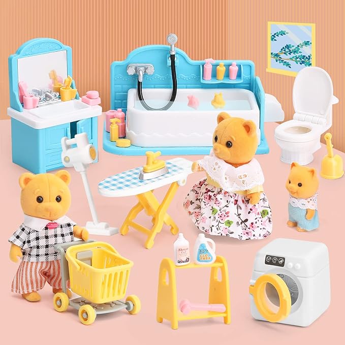 Dollhouse Furniture Set for Kids Toys Miniature Doll House Accessories Pretend Play Toys for Boys Girls & Toddlers Age 3+ with Bathroom