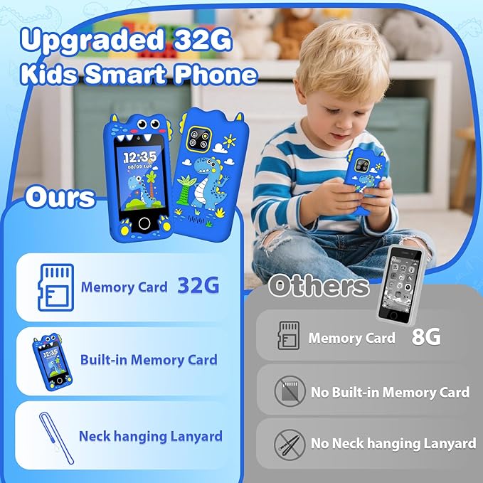 Kids Smart Phone Christmas Birthday Gifts for Boys Age 3-10 Dinosaur Toys Smart Phone 2.8" Touchscreen Built-in 32G SD Card Dual Camera 28 Learning Games MP3 Music Player