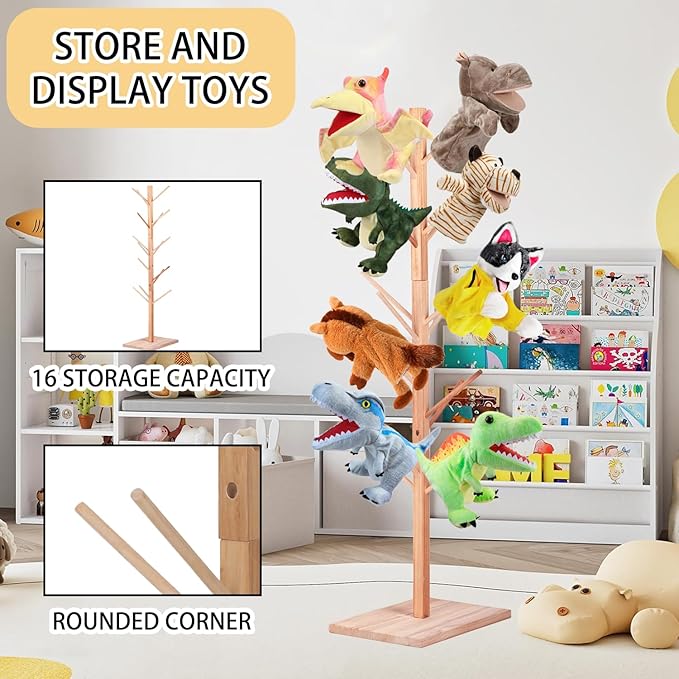 Wooden Puppet Stand for 15 Puppets – Hand Puppet Display Tree with 15 Pegs, Space-Saving Organizer for Classroom, Playroom, Daycare or Home Use – Natural Wood Puppet Holder Rack