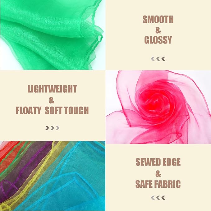 Colovis 60 Pack Dance Scarves,15 Colors Square Juggling Scarf Props Magic Trick Silk Scarves Music Movement Scarf for Kids to Play with, 24 by 24 Inches