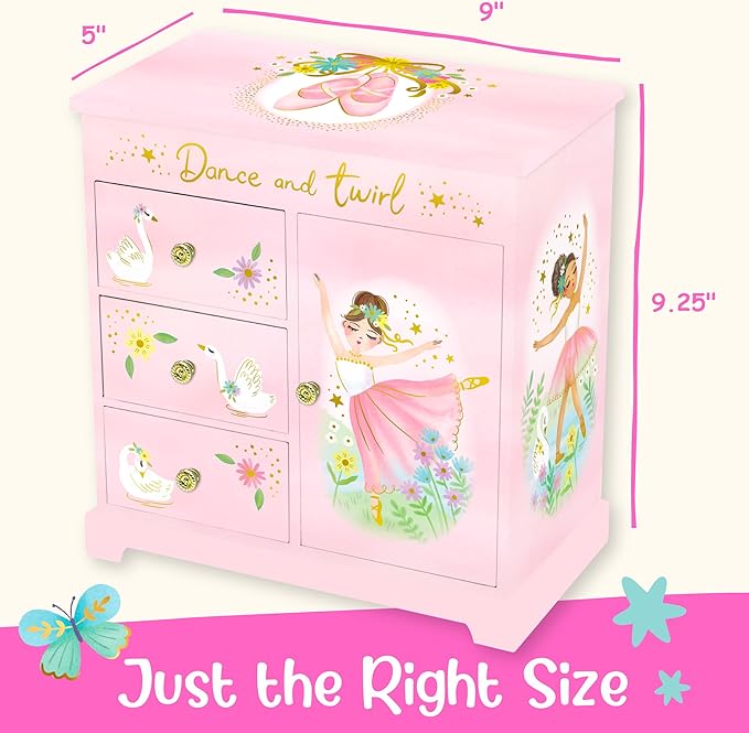 Ballerina Musical Jewelry Box for Girls - Ballerina Toys for Girls Age 4-6 - Kids Jewelry Box with Drawers - 9 x 5 x 9.3 in