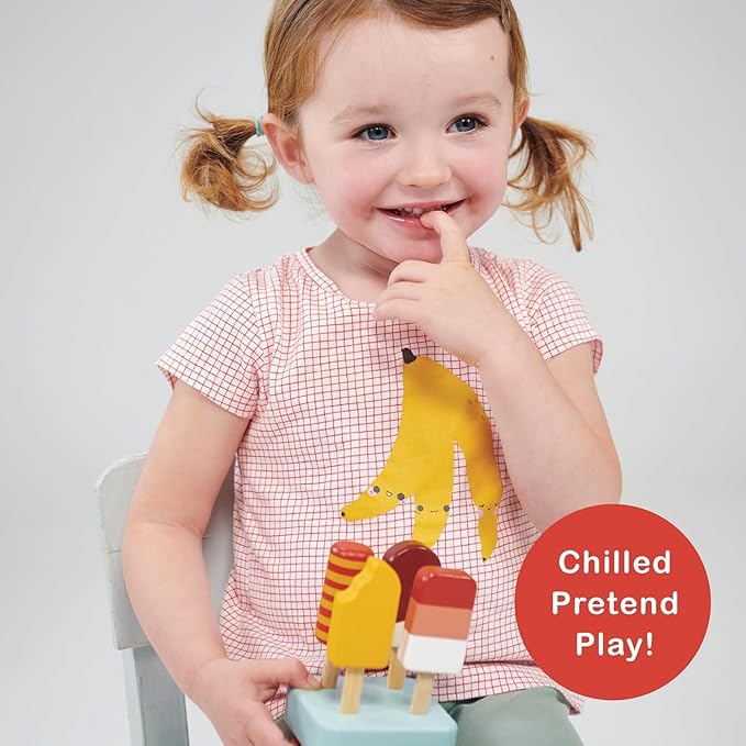 Mentari Toys - Sunny Ice Lolly Stand - 5pc Wood Ice Lolly Popsicle Play Food Set with Base - Pretend Play Food Accessories - Encourage Role Play and Develop Social Skills - Gift for Toddlers - Age 2+