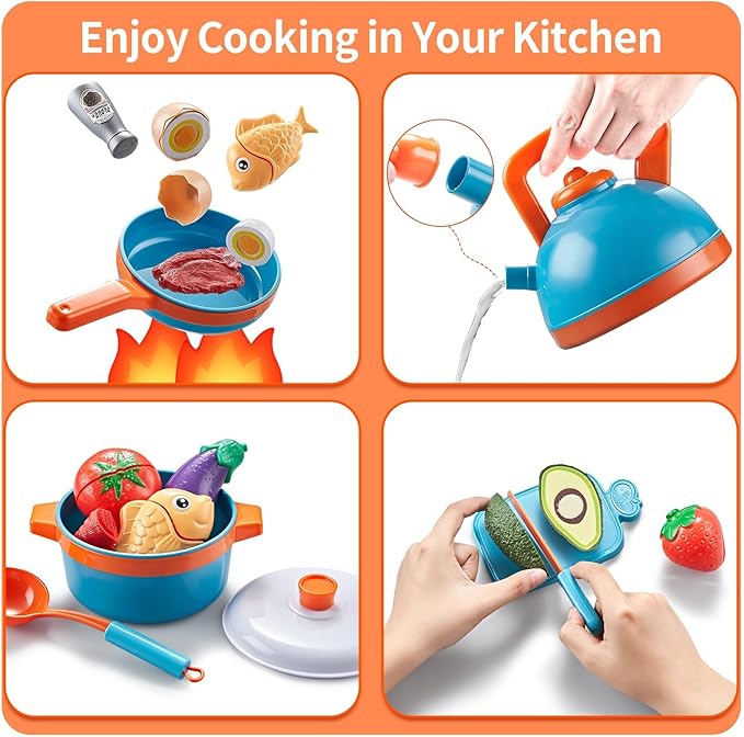 Play Kitchen Accessories - 46Pc Kids Kitchen Playset with Kids Pots and Pans Playset, Pizza Toy, Play Food with Play Fruit Veggies, Kitchen Toys, Cooking Utensils Toy, Apron, Boys Girls Gift
