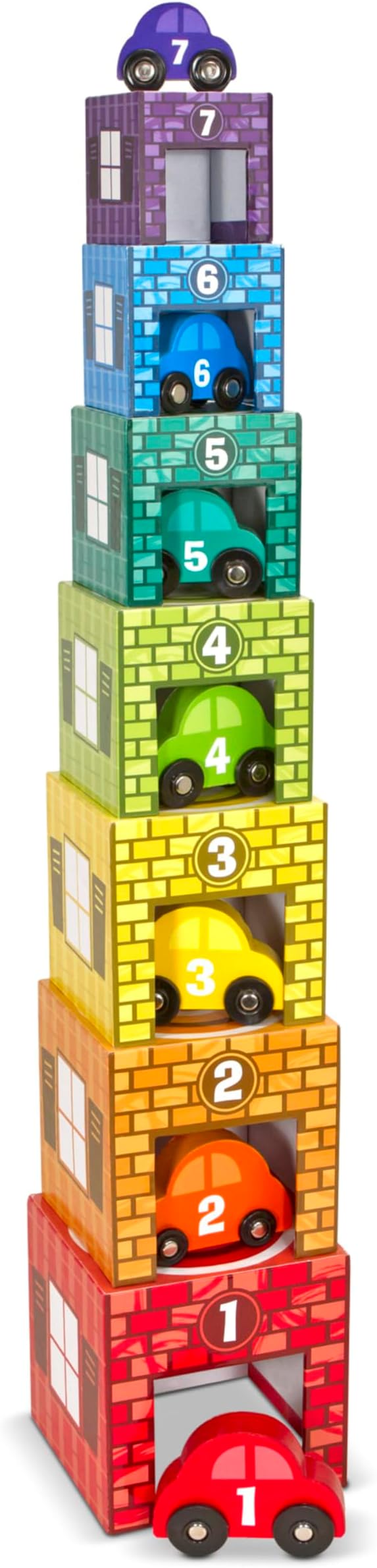 Melissa & Doug Nesting and Sorting Garages and Cars with 7 Graduated Garages and 7 Stackable Wooden Cars - FSC Certified