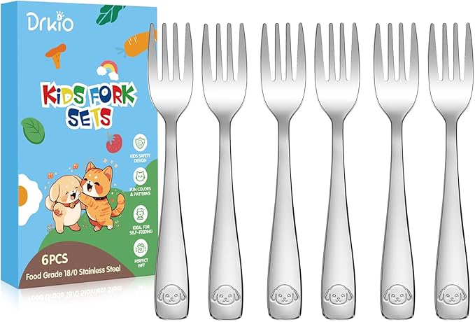 DRKIO Stainless Steel Toddler Forks Set - 6 Pieces Kids Forks Set Children Safe Food Grade Kids Silverware Small Forks Metal Toddler Utensils Dishwasher Safe Mirror Polished