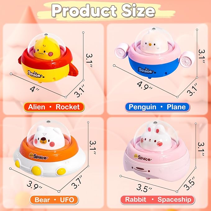 4PCS Animal Press to Go Car Toys for Toddlers 1-3, Push Go Friction Car Toys for 6-18 Months Baby, Animal Space Racing Cars, Infant Play Vehicle Set, Birthday Gifts for 1 Year Old Girl & Boy