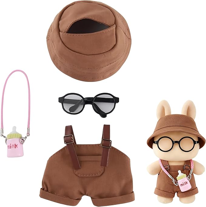 17cm Doll Clothes Set 4-Piece Outfits for Doll Brown Fashion Clothing for Plush Dolls Accessories with Glasses and Bucket Hat