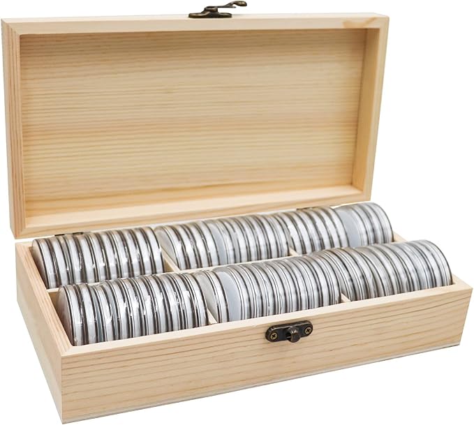 20-46 mm Wooden Coin Holder, 60 Pcs Highly Transparent Capsules With Foam Gasket, Collector Case, Professional Storage Box for Collection (Wood Color)