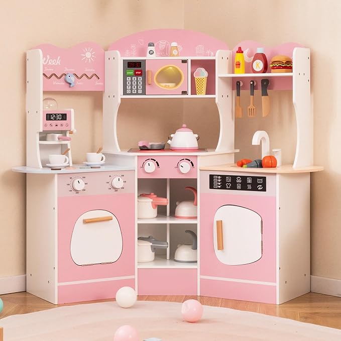 Costzon Corner Play Kitchen, Wooden Kids Kitchen Playset with Lights & Sound, Coffee Maker, Washing Machine, Oven, Microwave, Toddler Toy Kitchen for Pretend Play, Gift for Boys Girls 3+ (Pink)