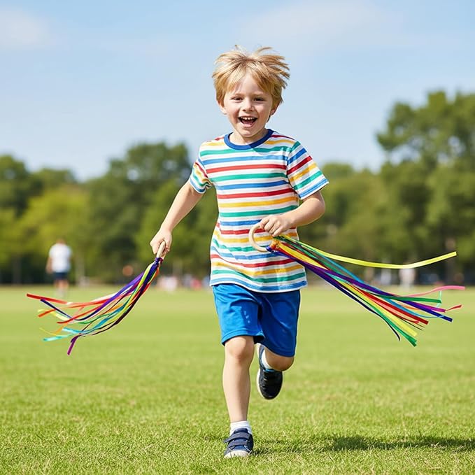 Sumind 6 Pcs Rainbow Ribbon Hand Kites Wands for Kids Dancer Streamer String Toy Thrown Waldorf Wand with Wooden Ring Wand Learning Educational(Vivid Colors)