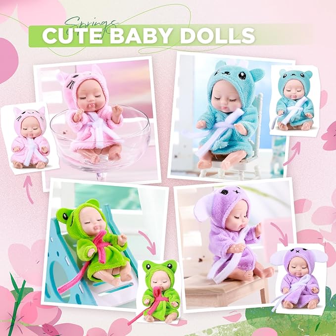 Hanaive 4 Pcs 4 Inch Mini Baby Dolls Lifelike Realistic Baby Dolls Animal Clothes Cute Tiny Gifts for Kids Birthday Party(Robe Style)