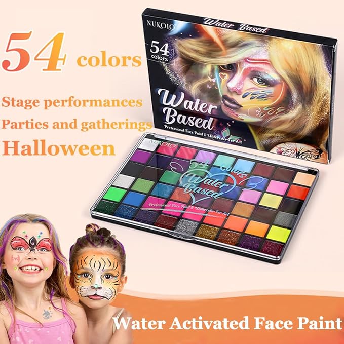 Professional Face Paint Set for Kids,54 Colors Non-toxic Water Activated Face Painting Makeup Palette .Includes Multiple makeup tools.Ideal for Halloween,Carnival,Cosplay,Party,SFX Arty Stage Makeup.