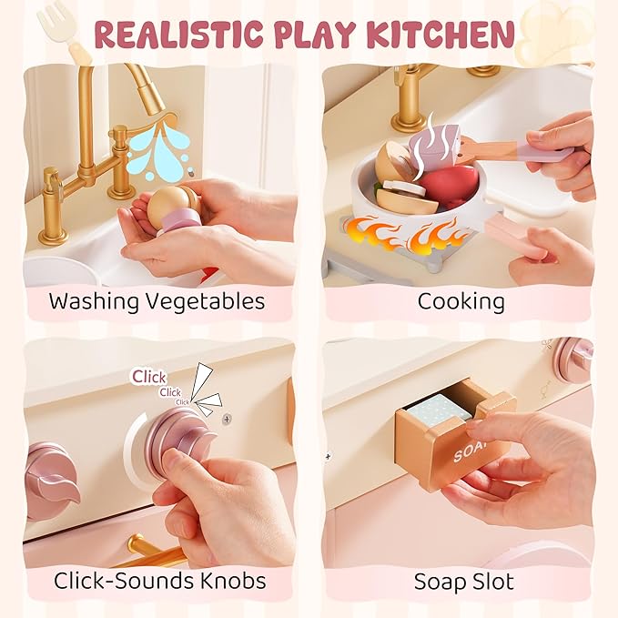 ROBUD Play Kitchen, Pink Toy Kitchen Playset with Pretend Coffee Maker & Toaster for Toddler Aged 3+, Wooden Kids Kitchen of Birthday Gift to Kids, WCF57