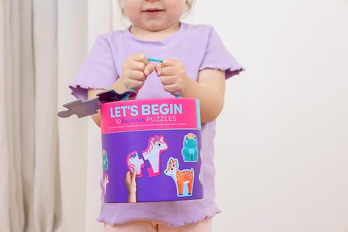 Crocodile Creek Let’s Begin Puzzle - Ten 2-Piece Beginner Puzzles for Ages 2 and Up - Heavy-Duty Storage Canister with Handle - Colorful Unicorns Design - Each Puzzle is 6" L x 4" H Finished