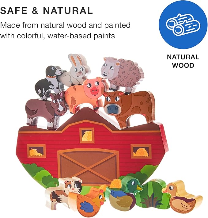 Imagination Generation Wooden Wonders Balancing Playset | Develops Dexterity, Motor Skills, Sharing Skills | Safe Wood & Paint | 13 PC Barnyard Playset
