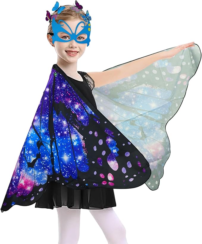 Butterfly Costume for Girls Fairy Wings Kids 4 Pcs(Cape,Skirts,Masks,Hair Clips) Butterfly Wings for Halloween Gifts