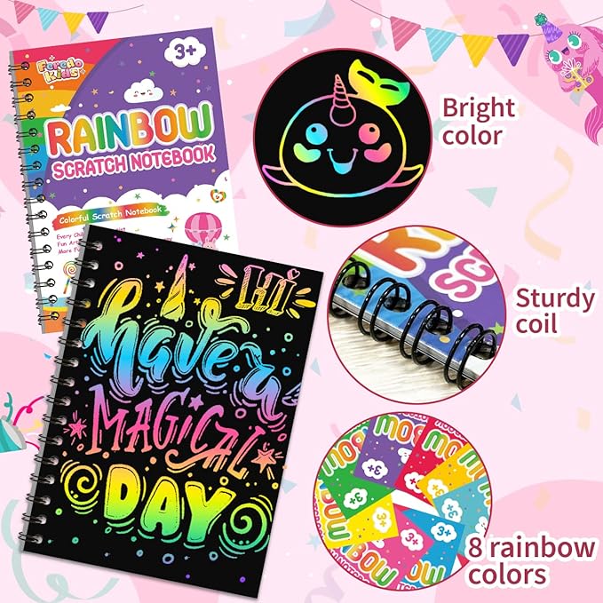Kids Scratch Art Party Favors Gifts: 24 Pack Rainbow Scratch Notebook Paper Birthday Party Favor Toy Girls Boys Art Craft Kit Summer Classroom Goodie Bags Return Gifts for Birthday Party Favors Bulk