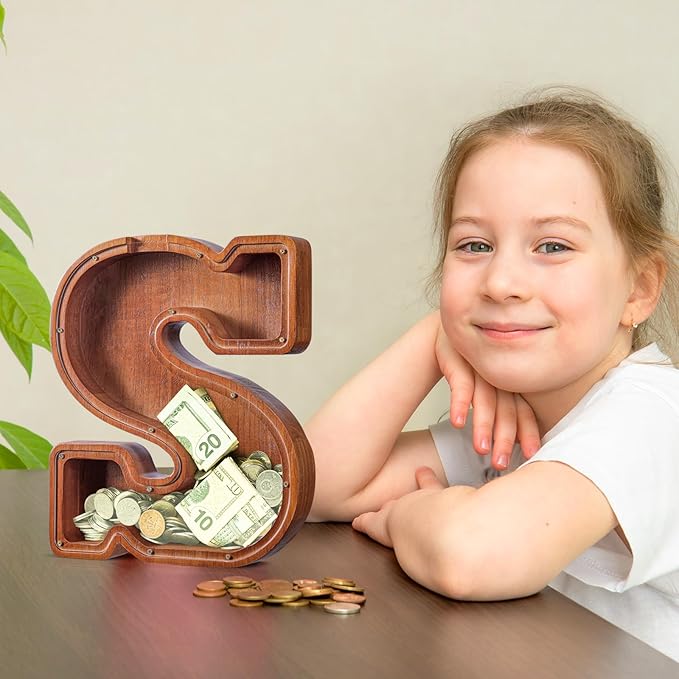 Summidate Customized Name Extra Large Wooden Piggy Bank for Kids Boys Girls Letter A-Z Coins Bills Money Change Bank Box Initial on Clear Cover (Laser Engraved) Educational Toys 12"- Letter S