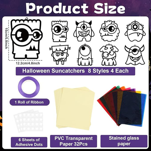 32 Sets Halloween Monster Suncatchers Craft Kit DIY Window Stained Glass Effect Halloween Monster Paper Crafts Home School Classroom Decoration Kid Birthday Gift Creative Art Project Activity Game
