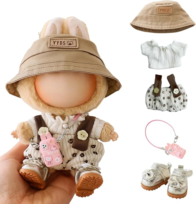 Clothes for Dolls Accessories (No Doll), Cute Outfit Set 5 Pieces Bib Pants for 15 & 17cm Doll Suit, Stylish Dress Up Overalls Doll Clothing Set Replacement with Hat Clothes Shoes Beige