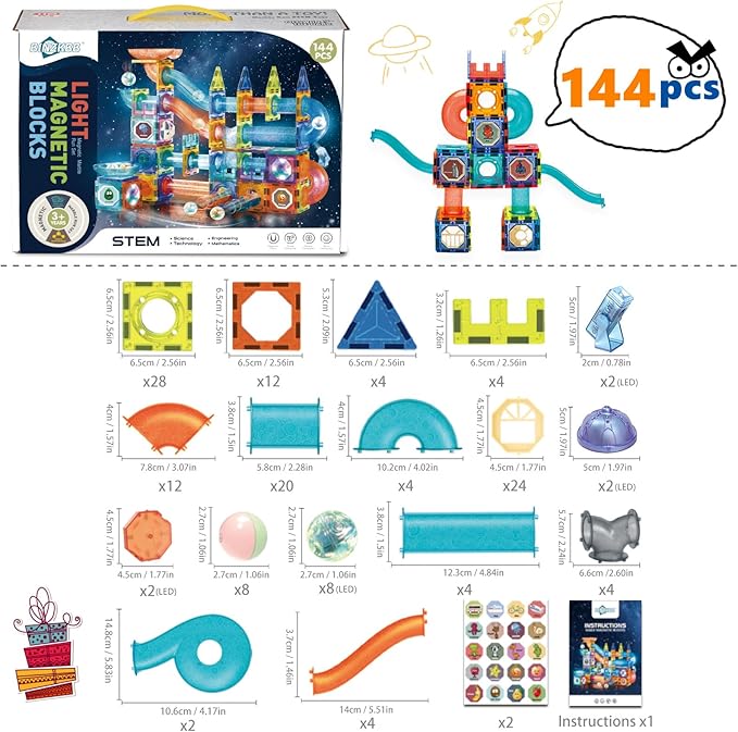 Magnetic Tiles Building Blocks Toys for Kids,144 PCS Magnet STEM Construction Set with LED Lights & Marble Run | Educational Learning Creative Gifts for Kids Ages 5-12 Boys and Girls