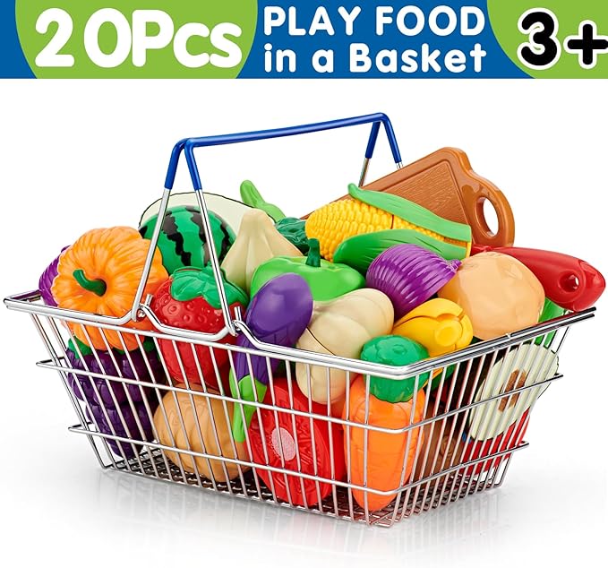 20 Pcs Pretend Play Cutting Food Set Toys for Boys Girls Toddlers Age 3 4 5 Kitchen Set Fruits Vegetable with Stainless Steel Basket
