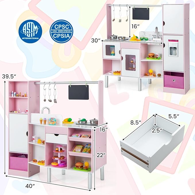 Costzon 2-in-1 Kids Kitchen Playset & Grocery Store, Double-Sided Pretend Play Kitchen with Light & Sound, Ice Maker, Sink & Faucet, 82 Accessories, Toddler Market Stand for Boys Girls Ages 3+