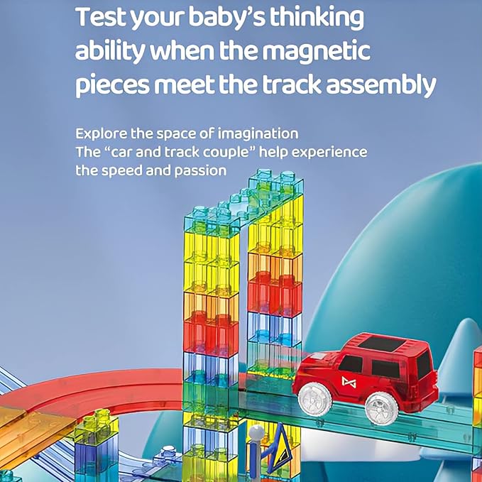 UNIQUE KIDS Race Car Track Building Block Educational Toy Set | Magnetic Tiles Magnet Playset | STEM Learning Construction Kit | Hand-Eye Coordination | Brain Development | 154 PCS