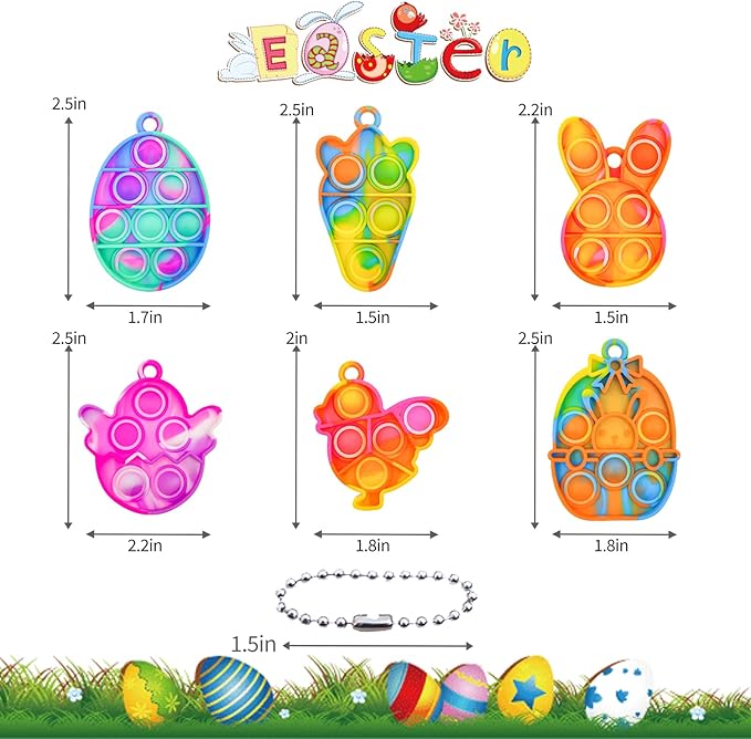 24Pcs Easter Mini Fidget Sensory Pop Toys for Kids, Mini Pop Keychains Easter Basket Stuffers Gifts Party Favors Fidget Toy, Silicone Pop Toys for Kids Anxiety Stress Reliever for Adult