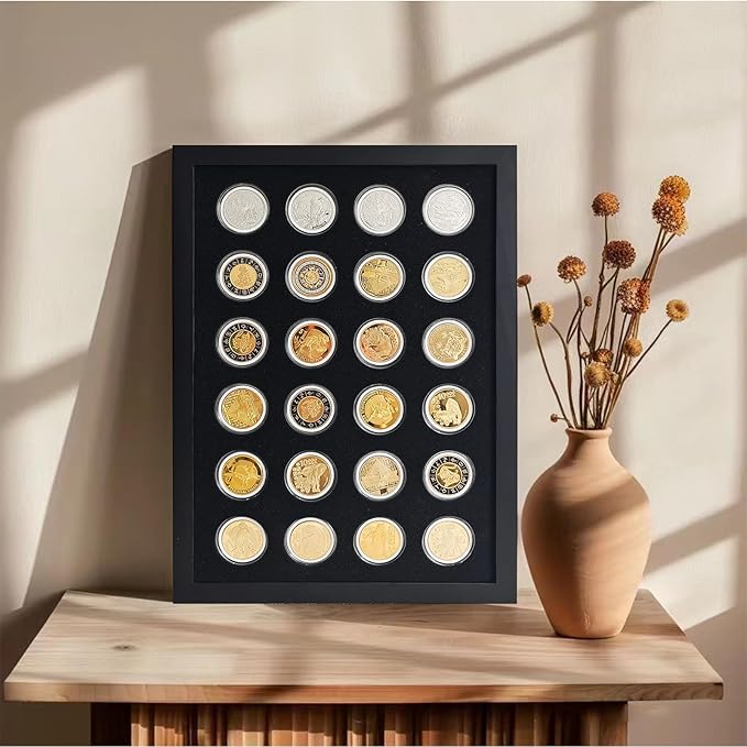 Challenge Coin Display Shadow Box,Military Coin Holder,Challenge Coin Holder Display,Casino Chip Display Case Cabinet Holder, Wood Frame, Tempered Glass Panel,with 24 Coin Capsules,Black Finish.