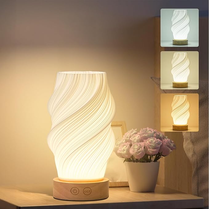 Cordless LED Table Lamp, Battery Operated Portable Desk Lamp, 3 Color & Dimmable, Modern Rechargeable Table Light for Living Room,Bedroom,Bedside, White, 8.6inch