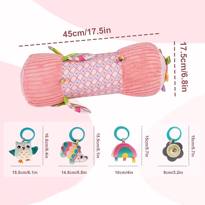 Inflatable Baby Tummy Time Toys Pillow for Newborn, Montessori Baby Sensory Toys Roller with Detachable Mirror, Squeaker, Teether & Rattle, Help with Early Development 3-6 Months (Unicorn)