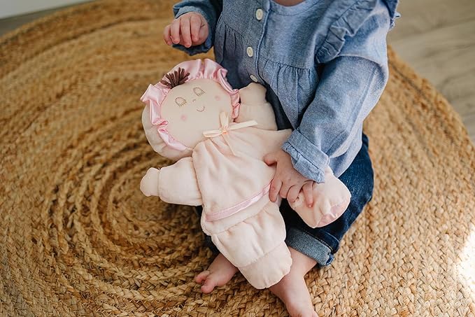 My First Baby Doll, Super Soft Baby Doll Made for Cuddles, Vintage Classic Style with Pink Dress and Brown Hair, Ideal New Baby Gift or Baby Shower Present