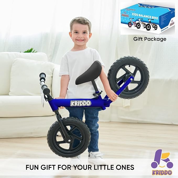KRIDDO Toddler Balance Bike 2 Year Old, Age 18 Months to 5 Years Old, 12 Inch Push Bicycle with Customize Plate (3 Sets of Stickers Included), Steady Balancing, Gift Bike for 2-3 Boys Girls, Blue