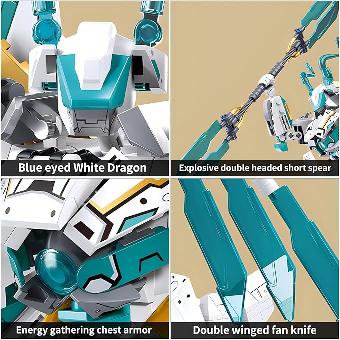 White Horse Dragon Samurai mech Robot Model Knight 2 in 1 Building Blocks Toy Set Mythical Birthday for Age 8+ Children Adults Teens 731 Pieces