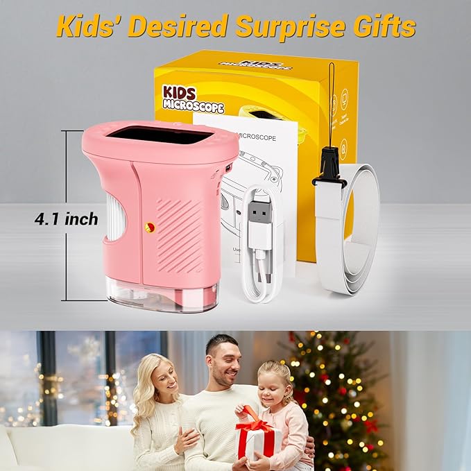 Kids Microscope, 1000X Handheld Mini Microscope, 2.4'' Portable Digital Microscopes, Photo and Video Microscopes, Educational Science Kit Toys for Age 3-10 Girls&Boys(Light Pink)